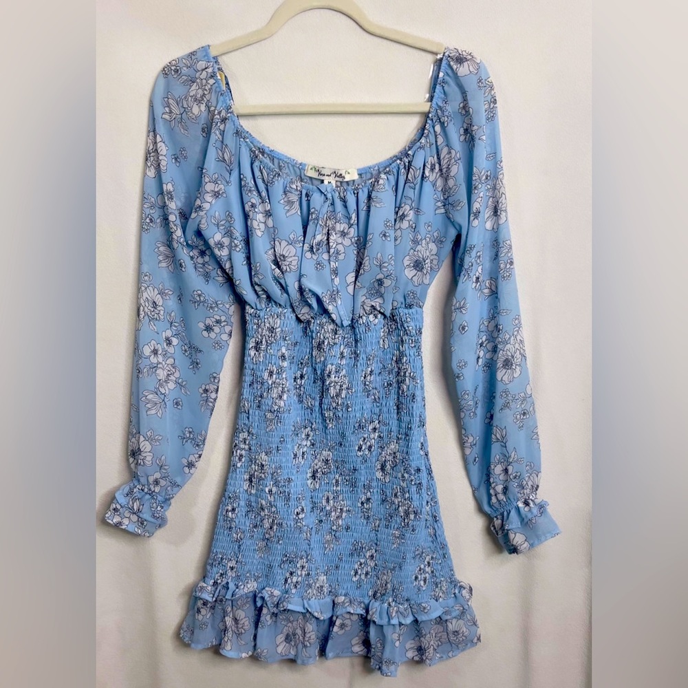 Baby Blue Floral Sheer Long Sleeve Bodycon Mini Dress *Never Worn*